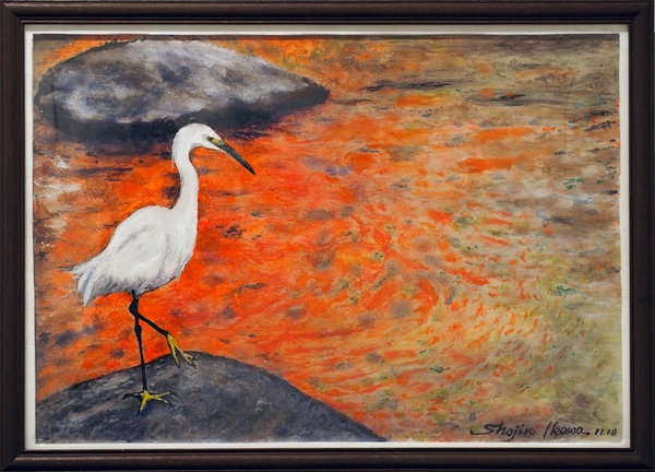 井川昭二郎 油彩 ピラカンサの川面に佇む白鷺